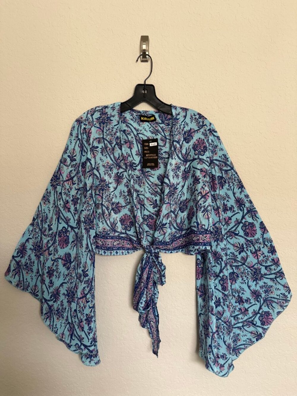 Kalami Blue Floral Silk Tie Front Crop Blouse NWT Bell Sleeve Boho OS Festival